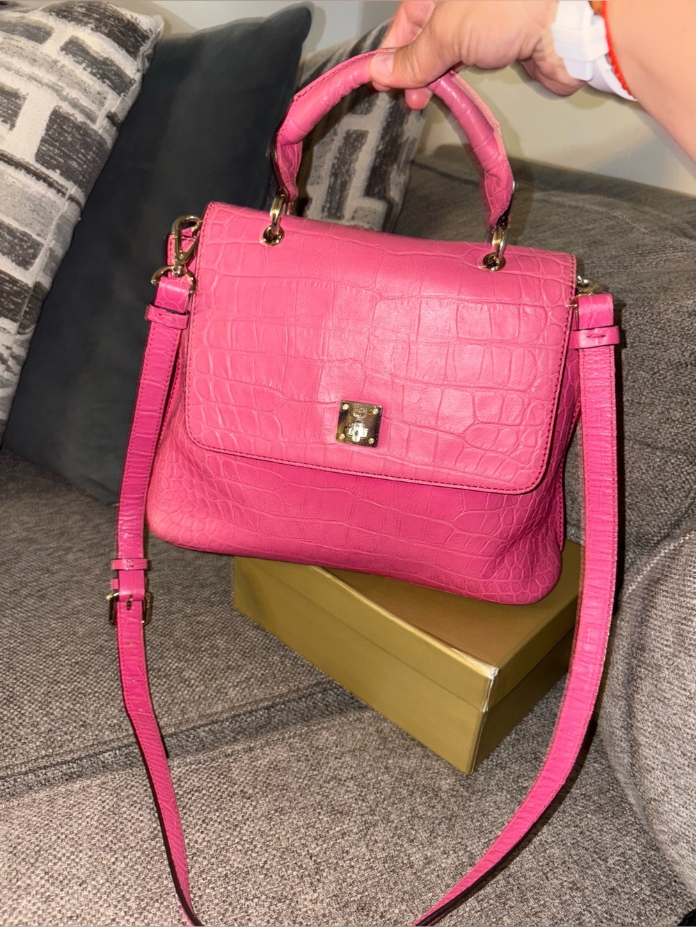 MCM Hot Pink Croc-Embossed Top Handle Satchel